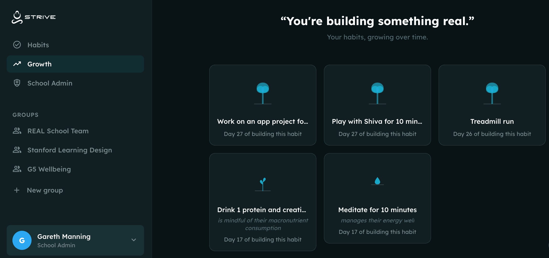 Strive student profile showing habits shared with the group